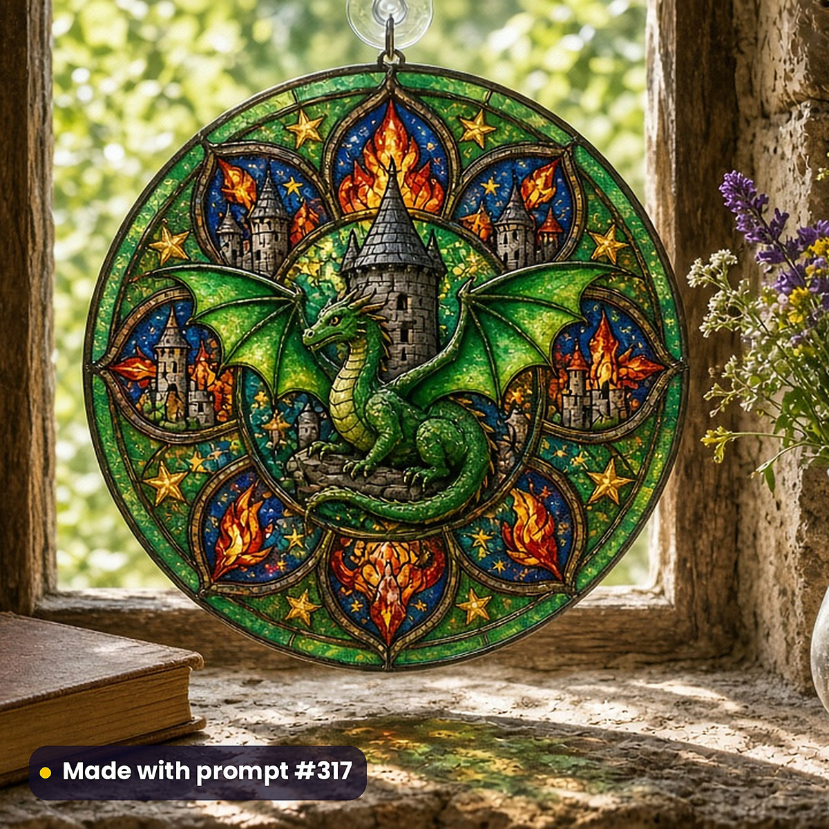 Medieval and Heraldic stained glass prompt collection: UV-printed acrylic suncatcher in a window mockup, made with prompt #317