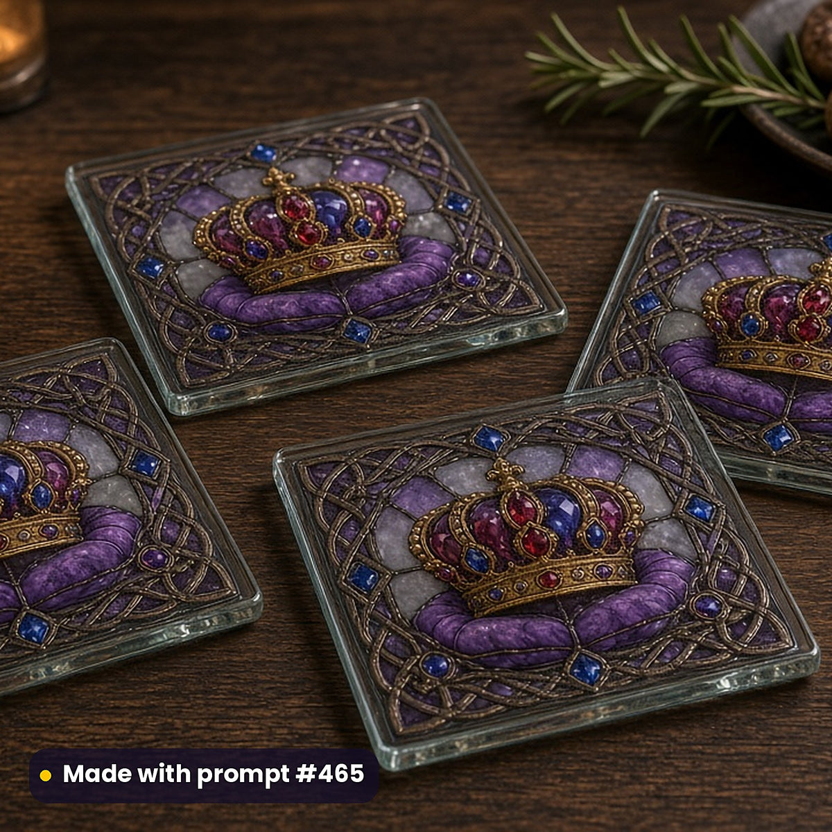 Medieval and Heraldic stained glass prompt collection: set of UV-printed glass coasters mockup, made with prompt #465