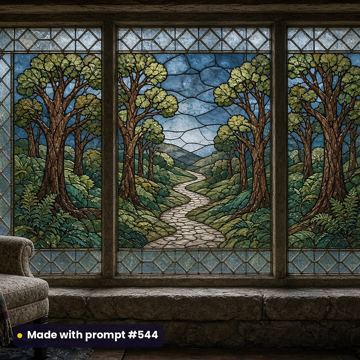 Medieval and Heraldic stained glass prompt collection: faux stained glass window panel mockup, made with prompt #544