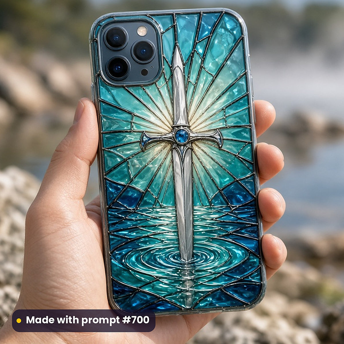 Medieval and Heraldic stained glass prompt collection: UV-printed phone case mockup, made with prompt #700
