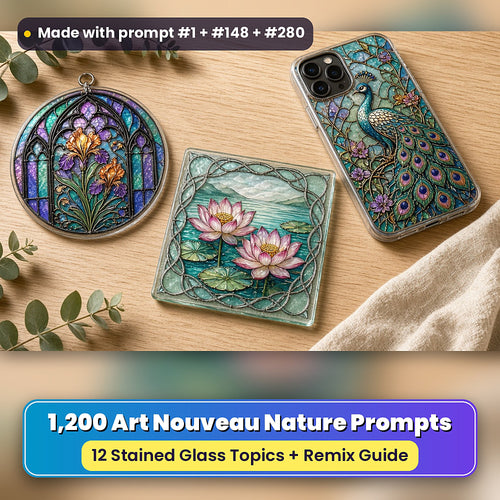 Art Nouveau Nature stained glass prompt collection: UV-printed suncatcher, coaster and phone case set mockup, made with prompt #1 + #148 + #280
