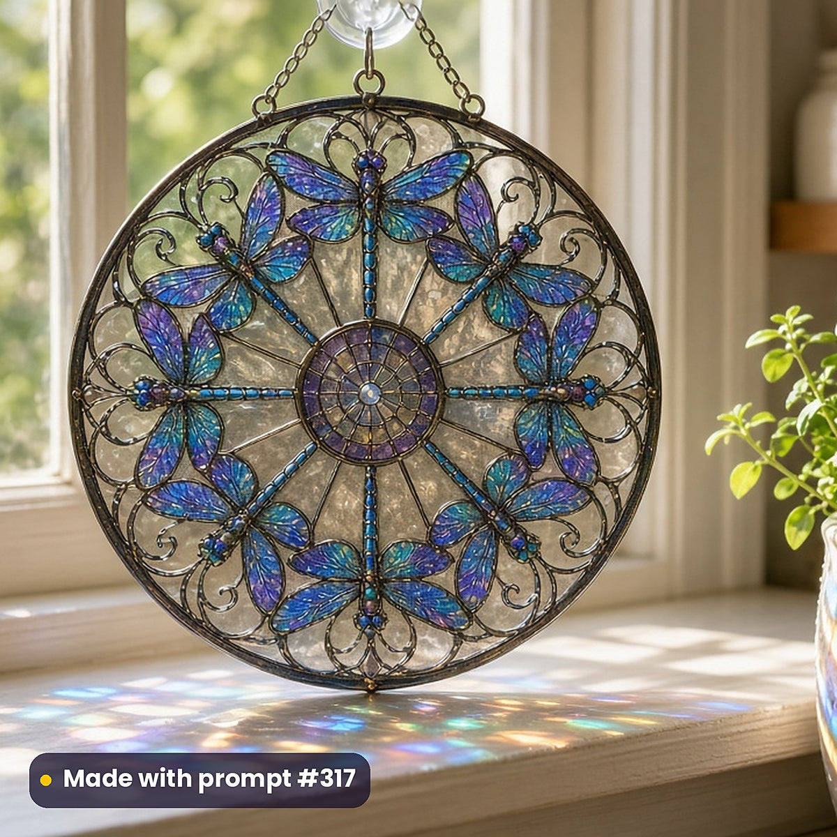 Art Nouveau Nature stained glass prompt collection: UV-printed acrylic suncatcher in a window mockup, made with prompt #317