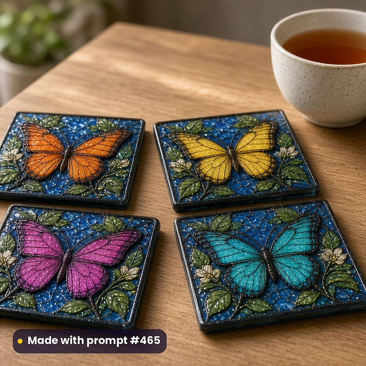 Art Nouveau Nature stained glass prompt collection: set of UV-printed glass coasters mockup, made with prompt #465