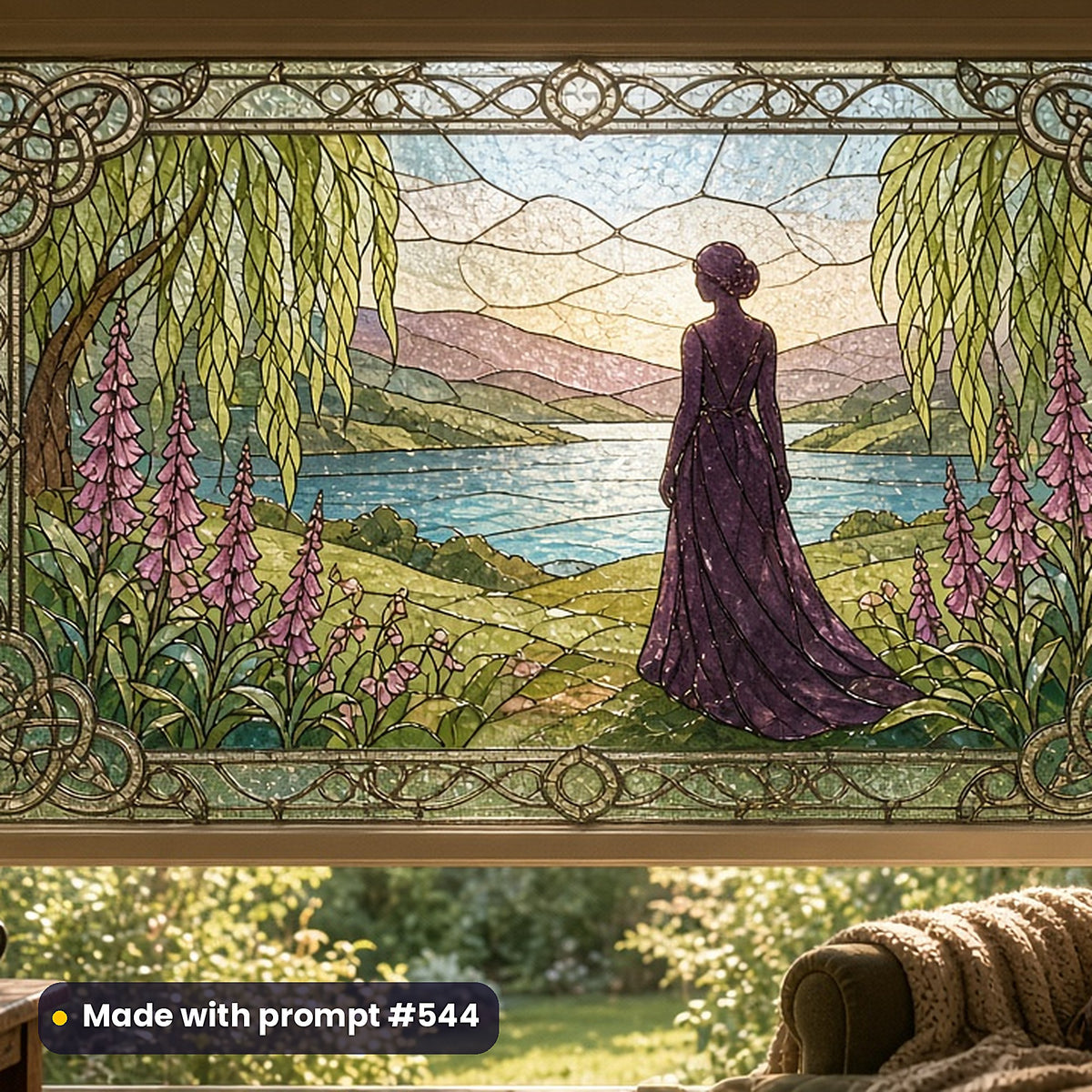 Art Nouveau Nature stained glass prompt collection: faux stained glass window panel mockup, made with prompt #544