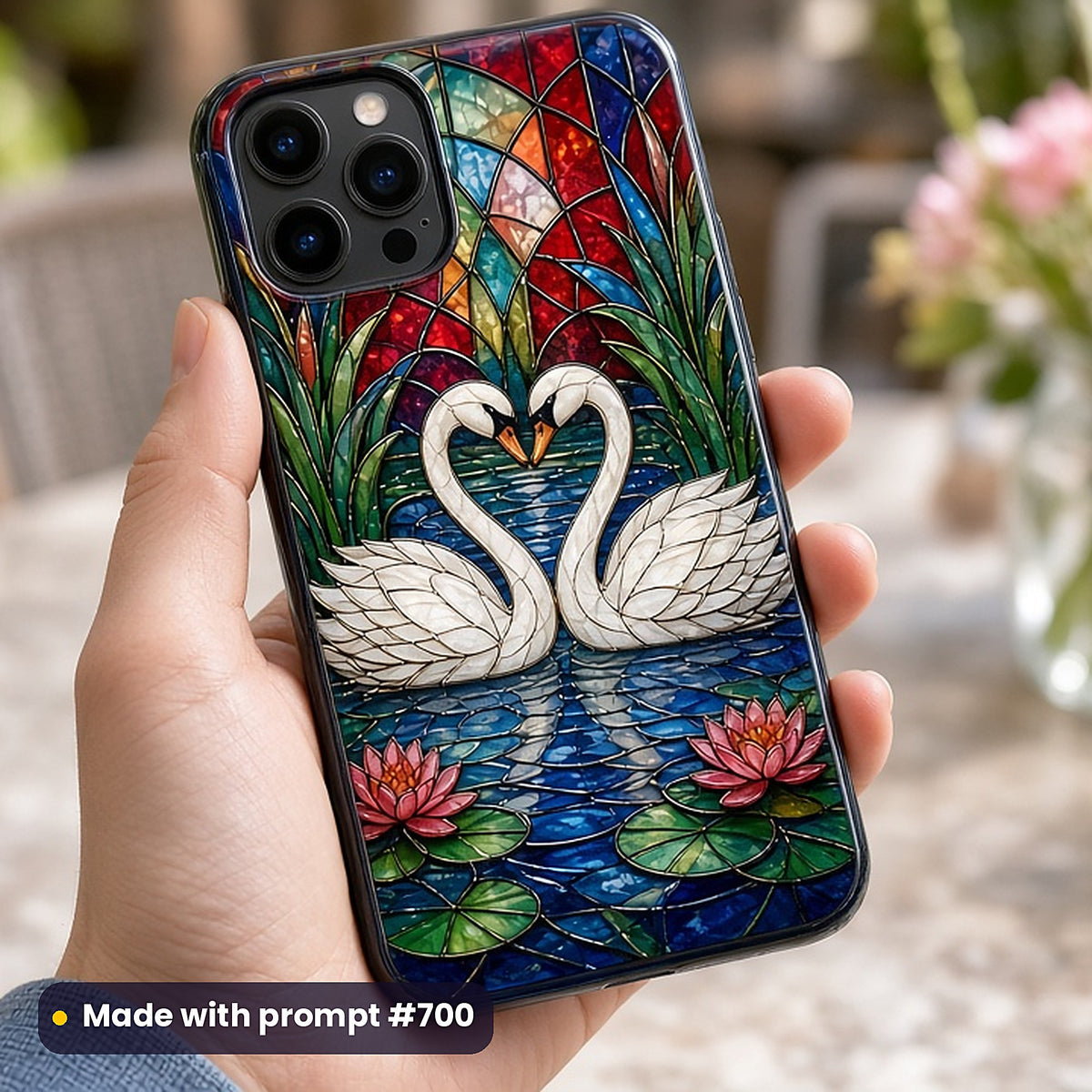 Art Nouveau Nature stained glass prompt collection: UV-printed phone case mockup, made with prompt #700