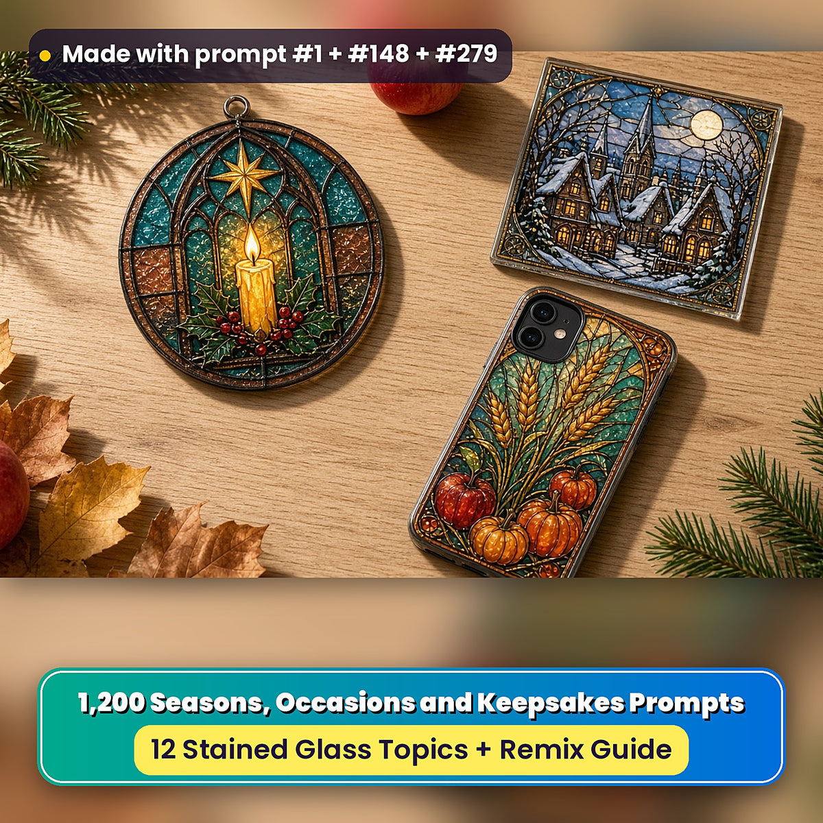 Seasons, Occasions and Keepsakes stained glass prompt collection: UV-printed suncatcher, coaster and phone case set mockup, made with prompt #1 + #148 + #279