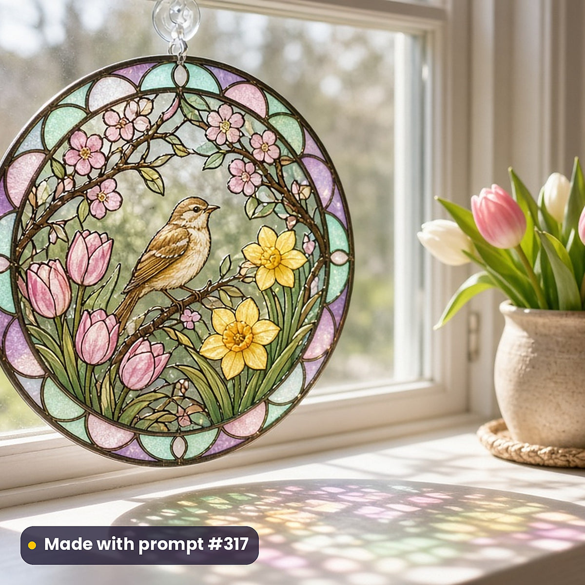 Seasons, Occasions and Keepsakes stained glass prompt collection: UV-printed acrylic suncatcher in a window mockup, made with prompt #317