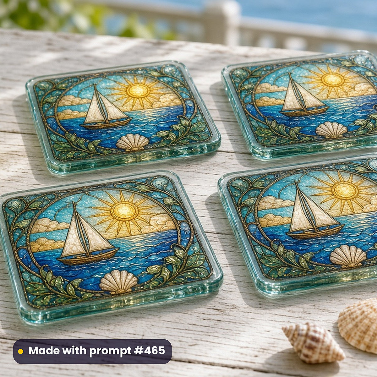 Seasons, Occasions and Keepsakes stained glass prompt collection: set of UV-printed glass coasters mockup, made with prompt #465