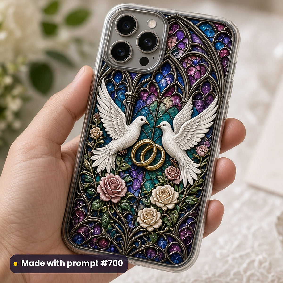 Seasons, Occasions and Keepsakes stained glass prompt collection: UV-printed phone case mockup, made with prompt #700