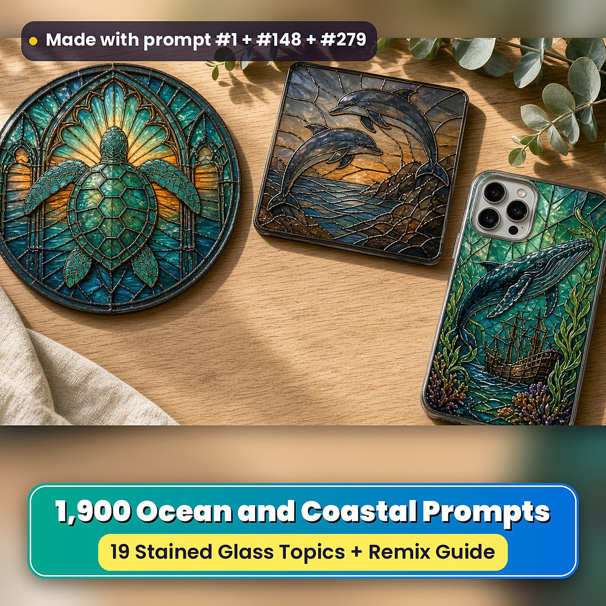 Ocean and Coastal stained glass prompt collection: UV-printed suncatcher, coaster and phone case set mockup, made with prompt #1 + #148 + #279