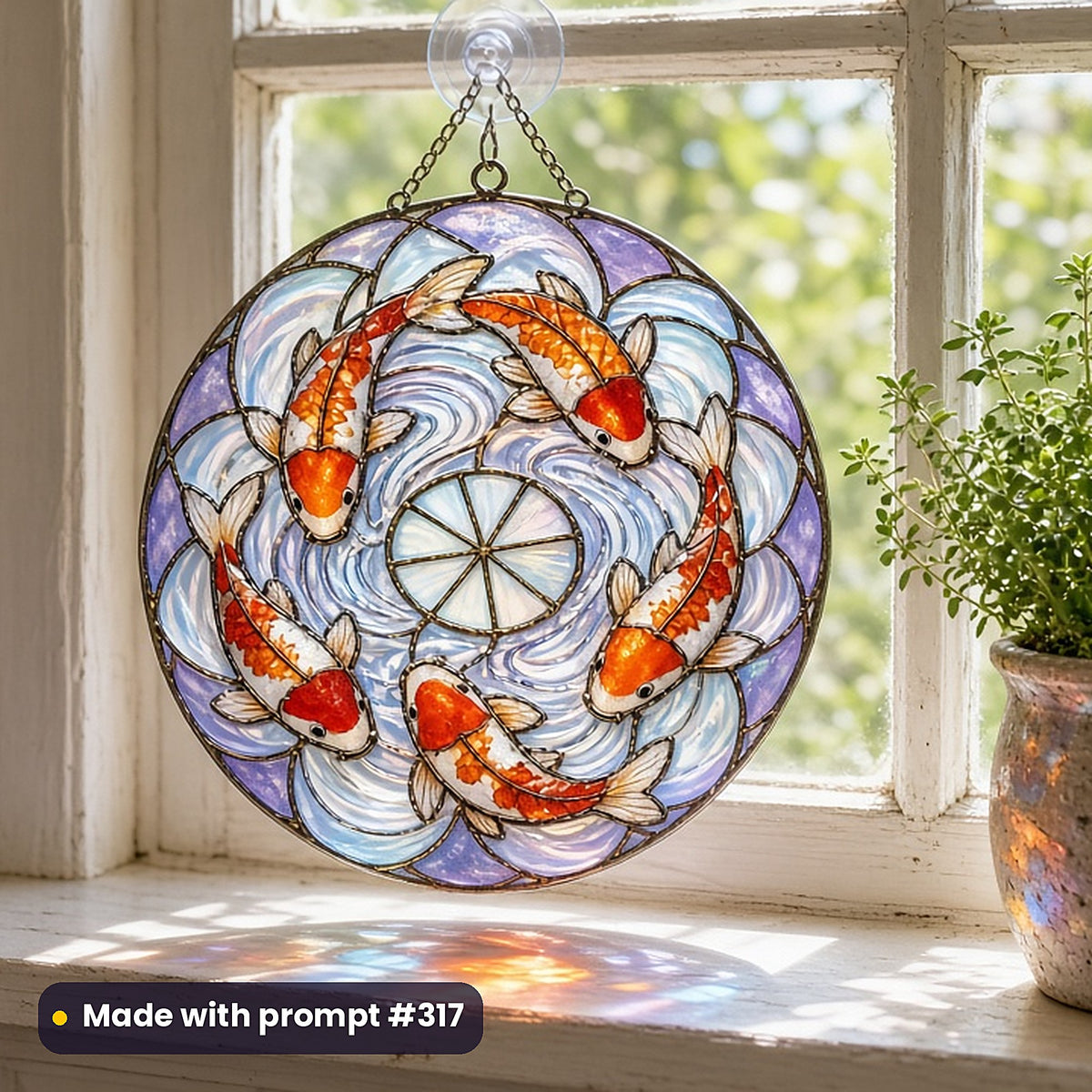 Ocean and Coastal stained glass prompt collection: UV-printed acrylic suncatcher in a window mockup, made with prompt #317