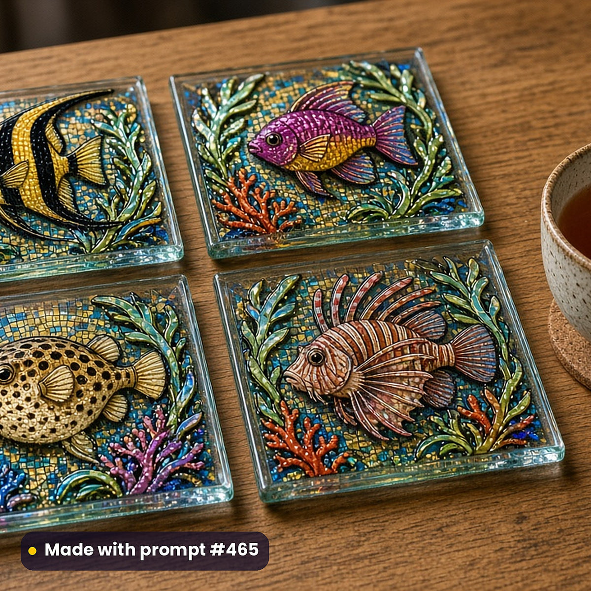 Ocean and Coastal stained glass prompt collection: set of UV-printed glass coasters mockup, made with prompt #465