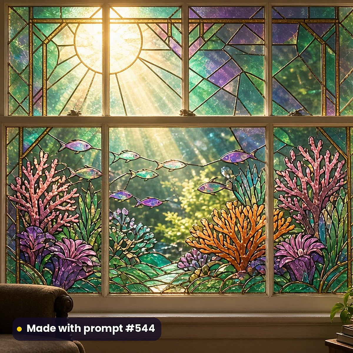 Ocean and Coastal stained glass prompt collection: faux stained glass window panel mockup, made with prompt #544