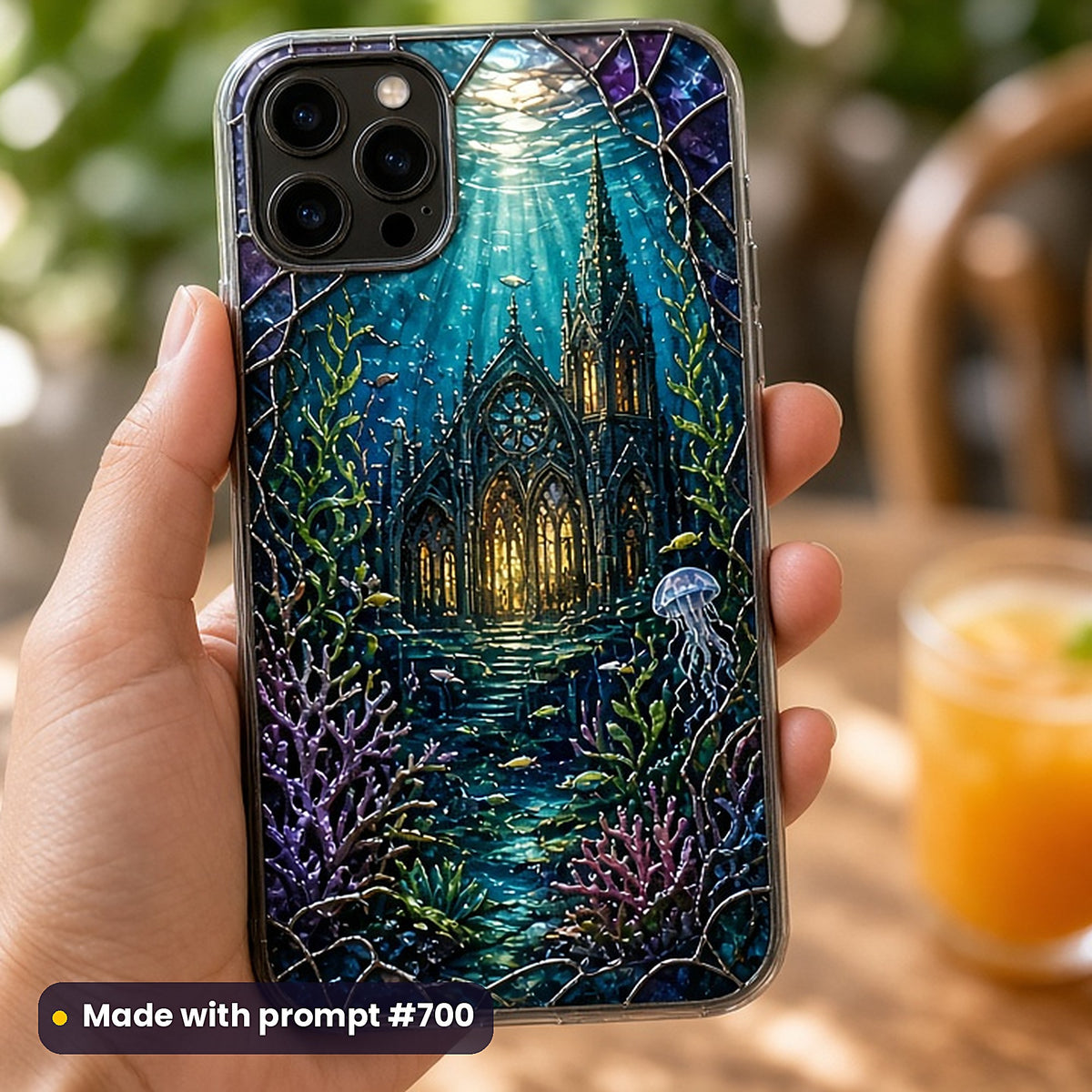 Ocean and Coastal stained glass prompt collection: UV-printed phone case mockup, made with prompt #700