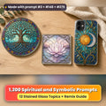 Spiritual and Symbolic stained glass prompt collection: UV-printed suncatcher, coaster and phone case set mockup, made with prompt #2 + #148 + #279