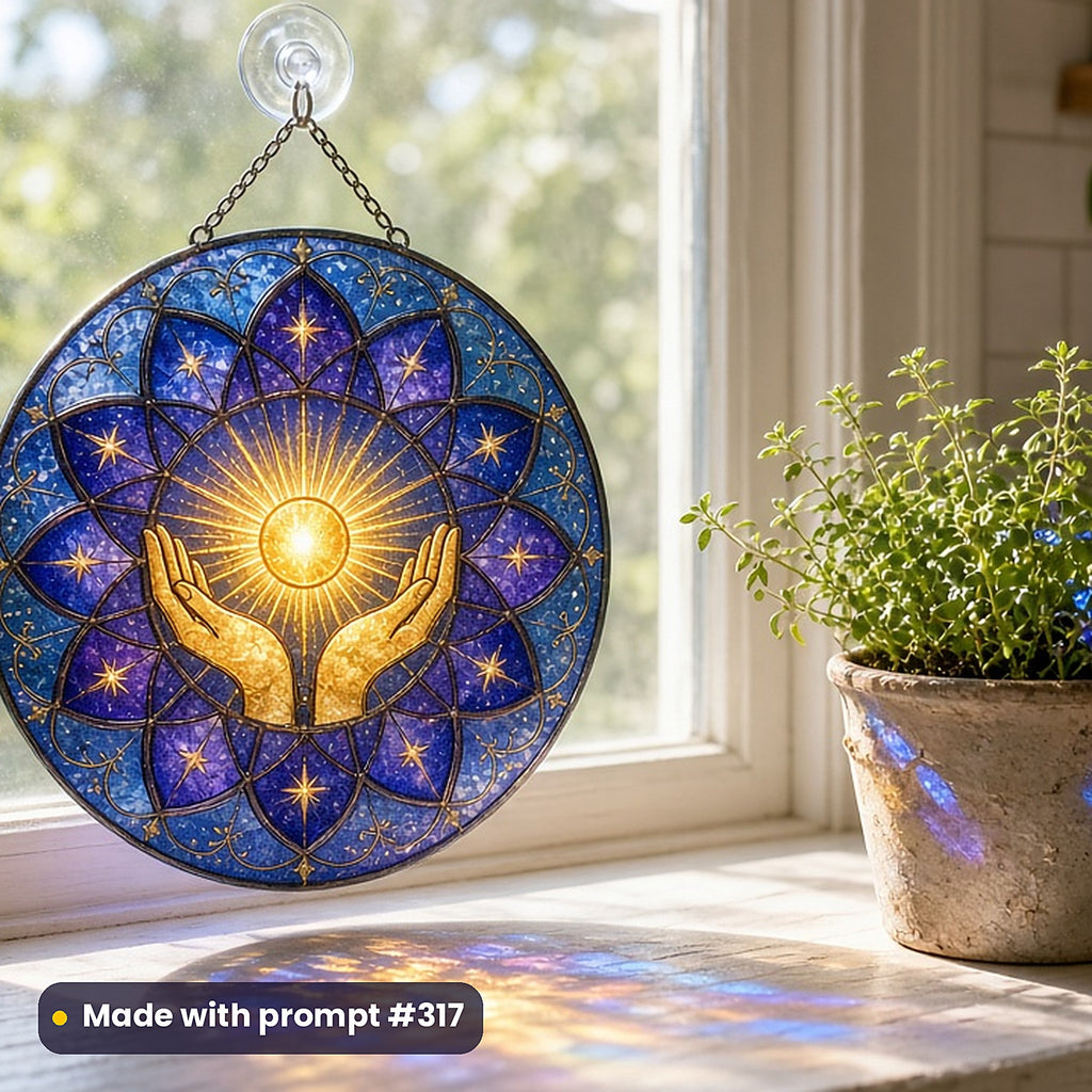 Spiritual and Symbolic stained glass prompt collection: UV-printed acrylic suncatcher in a window mockup, made with prompt #317