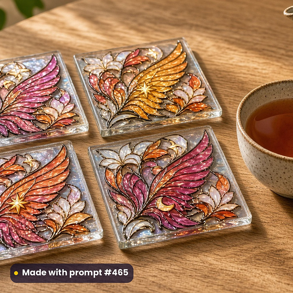 Spiritual and Symbolic stained glass prompt collection: set of UV-printed glass coasters mockup, made with prompt #465