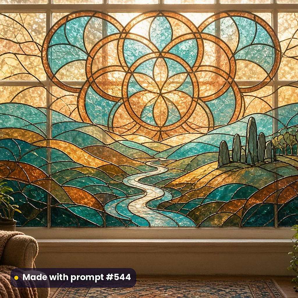 Spiritual and Symbolic stained glass prompt collection: faux stained glass window panel mockup, made with prompt #544
