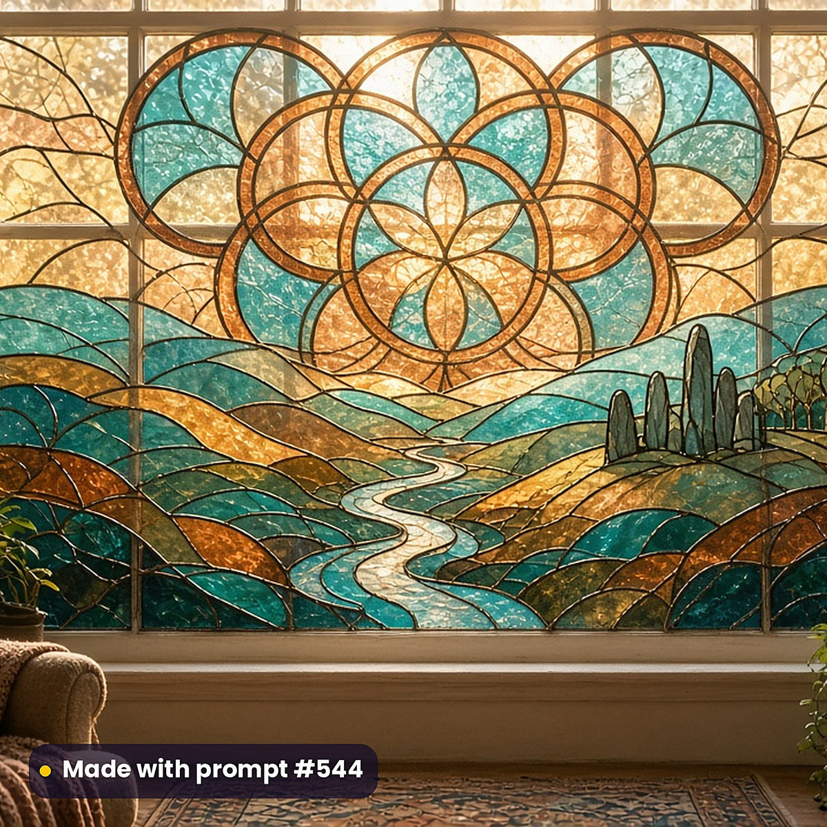 Spiritual and Symbolic stained glass prompt collection: faux stained glass window panel mockup, made with prompt #544