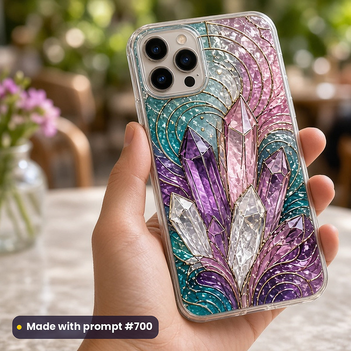 Spiritual and Symbolic stained glass prompt collection: UV-printed phone case mockup, made with prompt #700