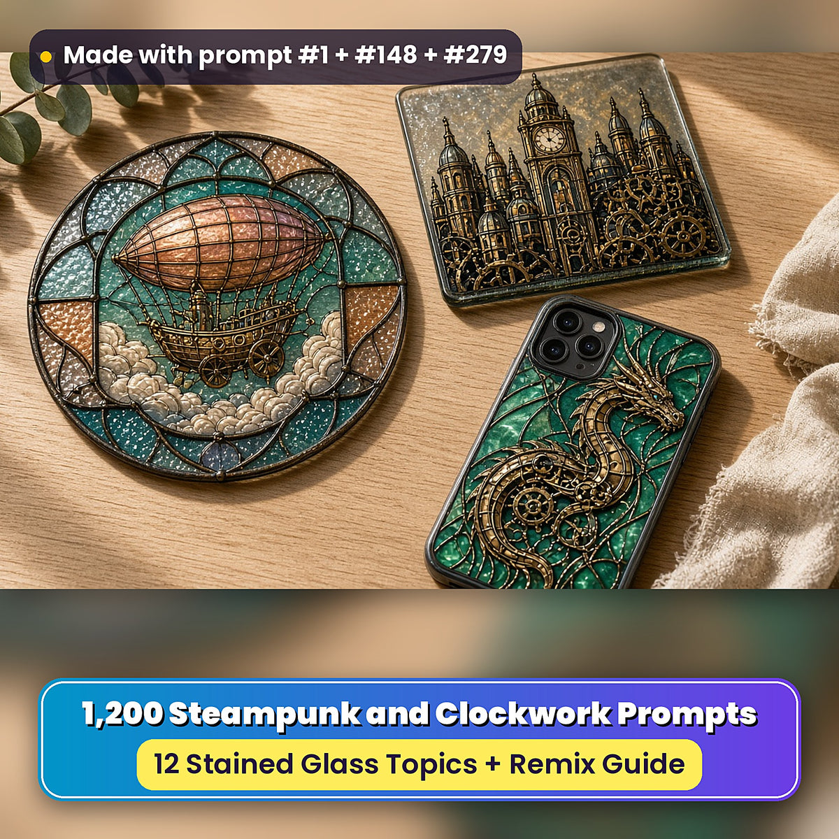 Steampunk and Clockwork stained glass prompt collection: UV-printed suncatcher, coaster and phone case set mockup, made with prompt #1 + #148 + #279