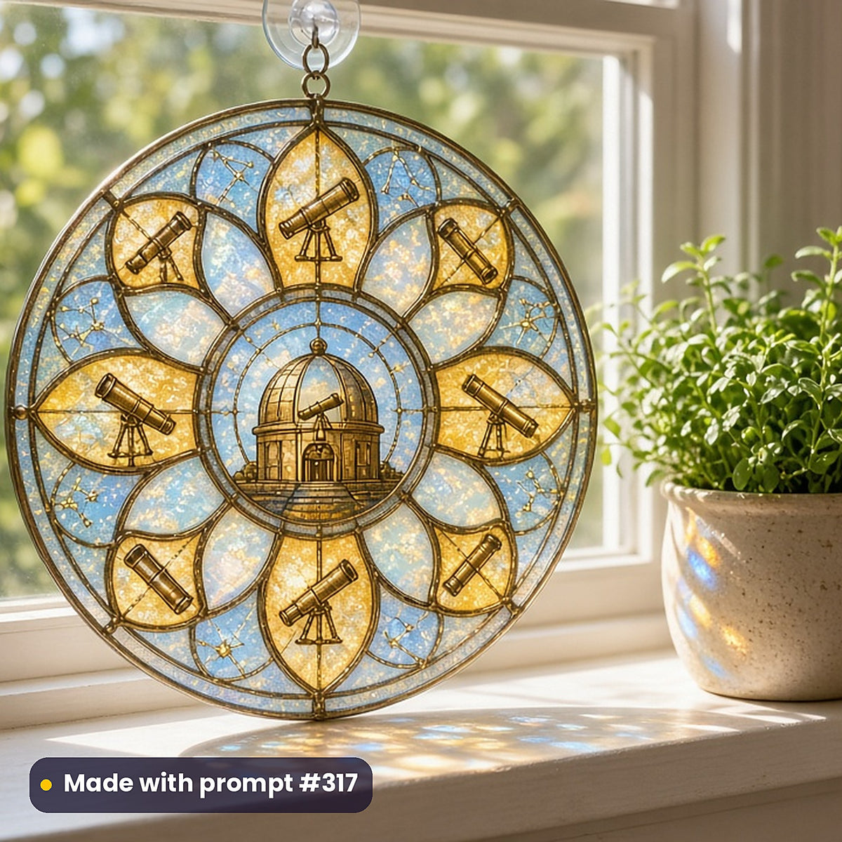 Steampunk and Clockwork stained glass prompt collection: UV-printed acrylic suncatcher in a window mockup, made with prompt #317