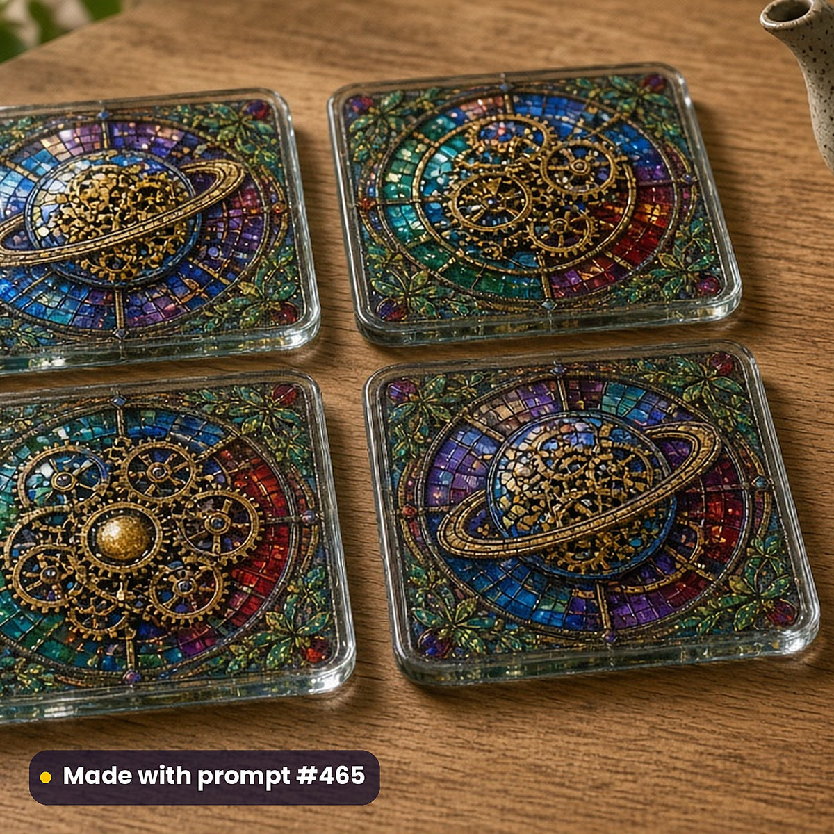 Steampunk and Clockwork stained glass prompt collection: set of UV-printed glass coasters mockup, made with prompt #465