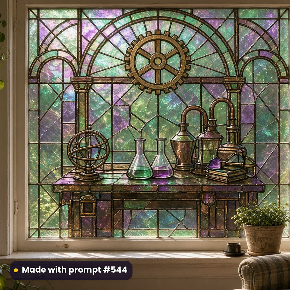 Steampunk and Clockwork stained glass prompt collection: faux stained glass window panel mockup, made with prompt #544