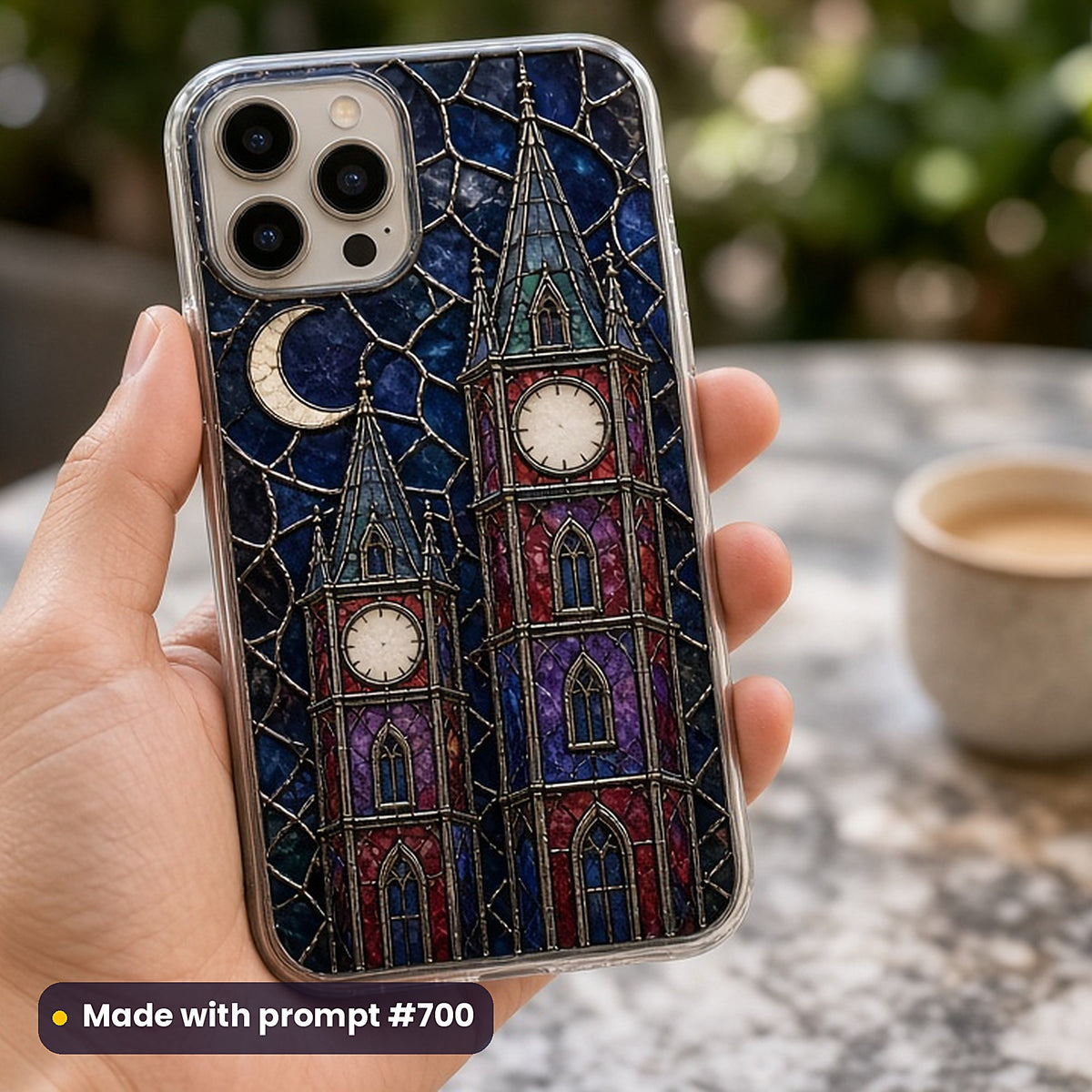 Steampunk and Clockwork stained glass prompt collection: UV-printed phone case mockup, made with prompt #700