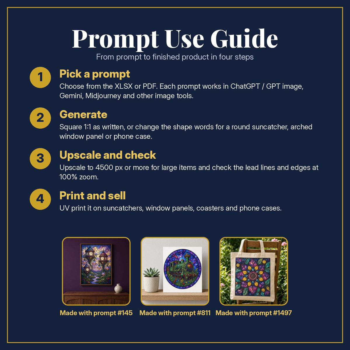 Prompt Use Guide for the Surreal and Dreamlike Worlds Stained Glass Collection: pick a prompt, generate, upscale and check, print and sell, with sample products made with the pack's prompts