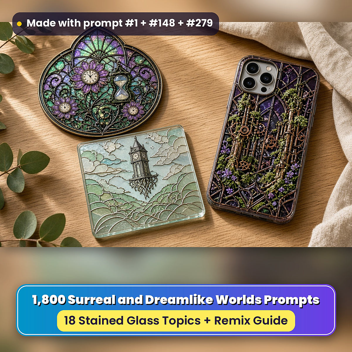Surreal and Dreamlike Worlds stained glass prompt collection: UV-printed suncatcher, coaster and phone case set mockup, made with prompt #1 + #148 + #279