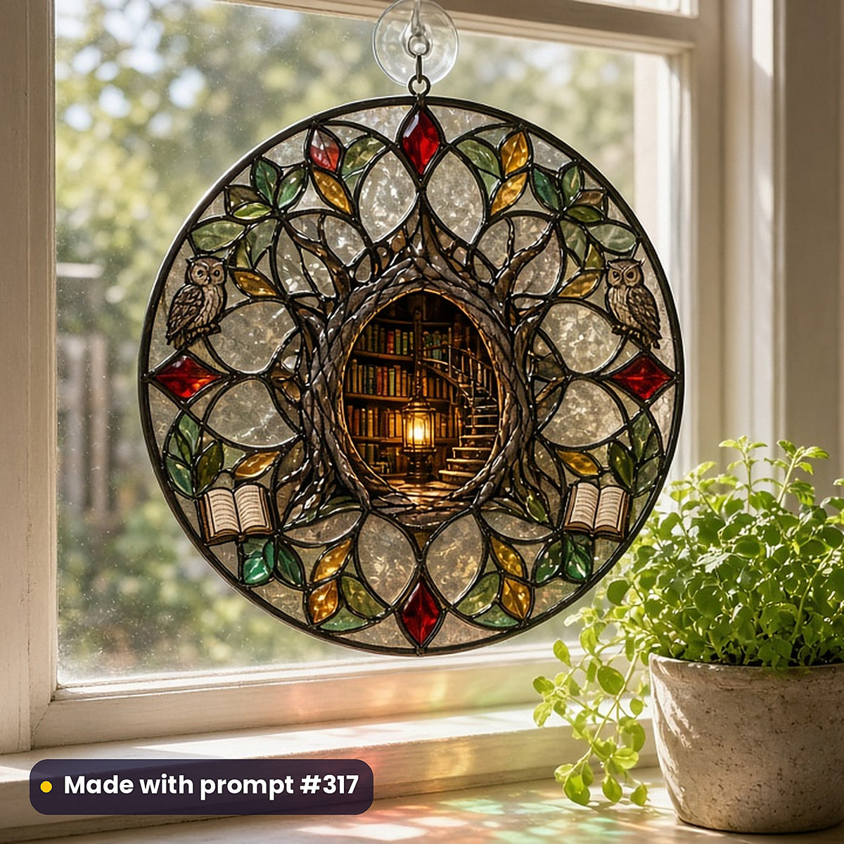 Surreal and Dreamlike Worlds stained glass prompt collection: UV-printed acrylic suncatcher in a window mockup, made with prompt #317