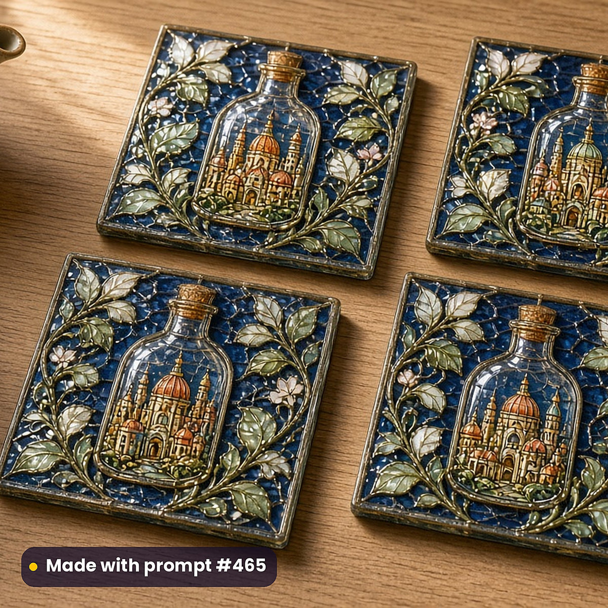 Surreal and Dreamlike Worlds stained glass prompt collection: set of UV-printed glass coasters mockup, made with prompt #465