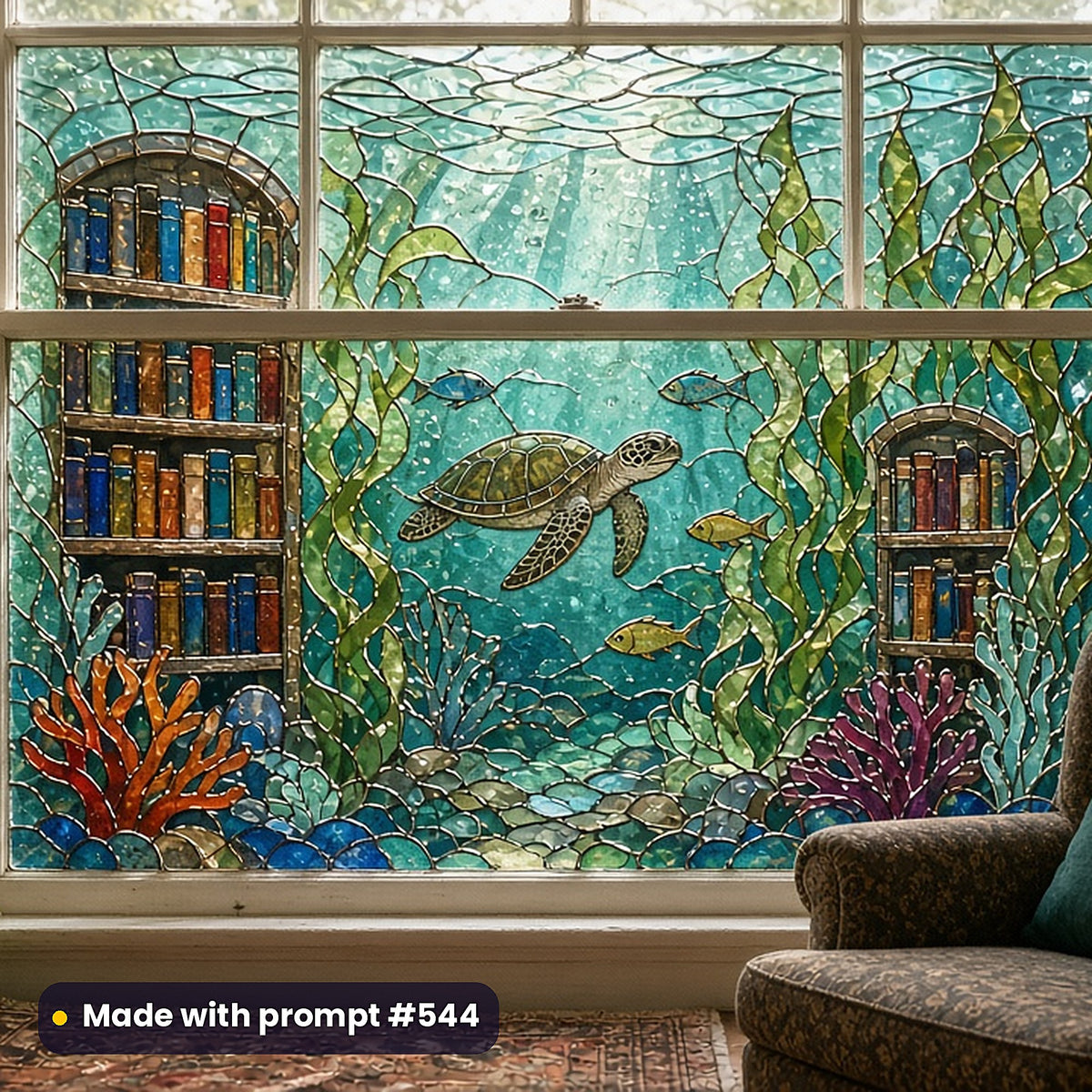 Surreal and Dreamlike Worlds stained glass prompt collection: faux stained glass window panel mockup, made with prompt #544