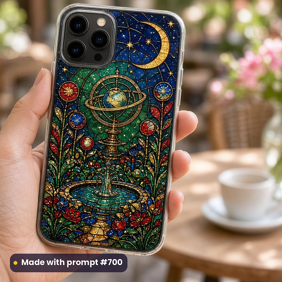 Surreal and Dreamlike Worlds stained glass prompt collection: UV-printed phone case mockup, made with prompt #700