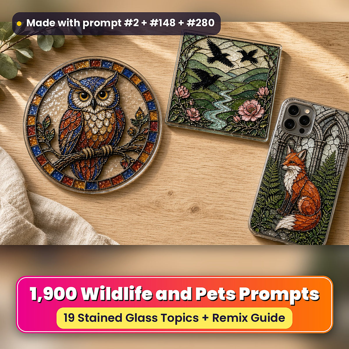 Wildlife and Pets stained glass prompt collection: UV-printed suncatcher, coaster and phone case set mockup, made with prompt #2 + #148 + #280