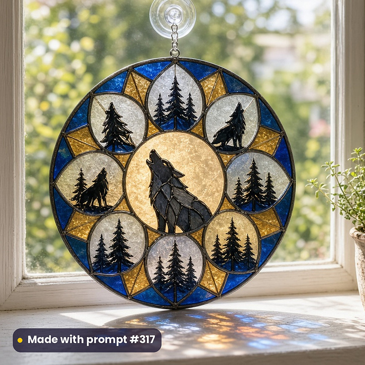 Wildlife and Pets stained glass prompt collection: UV-printed acrylic suncatcher in a window mockup, made with prompt #317