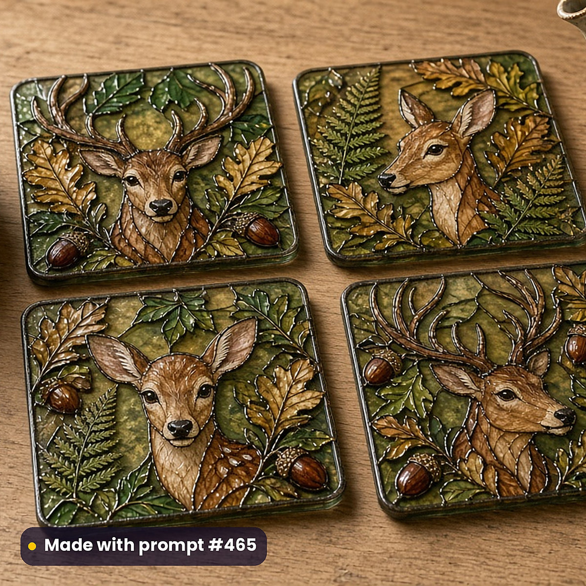 Wildlife and Pets stained glass prompt collection: set of UV-printed glass coasters mockup, made with prompt #465