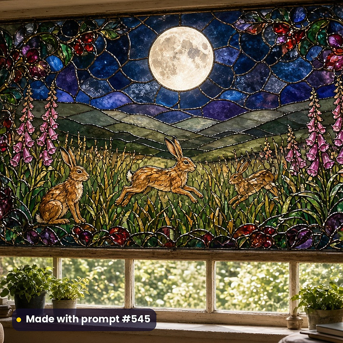 Wildlife and Pets stained glass prompt collection: faux stained glass window panel mockup, made with prompt #545