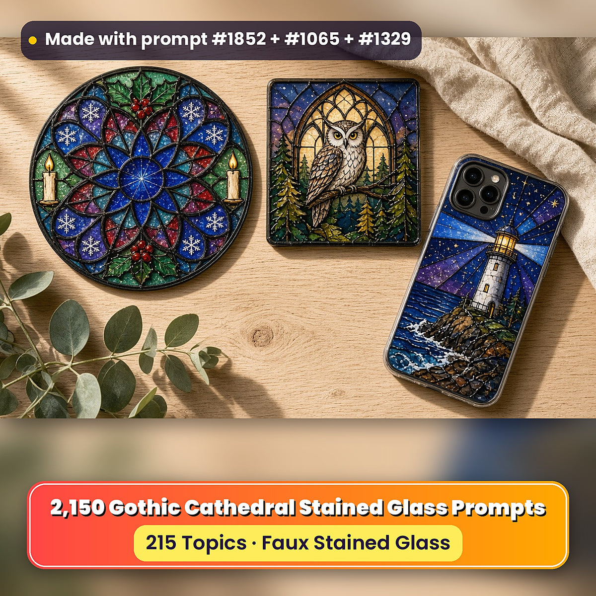 Gothic Cathedral Stained Glass Style Library: UV-printed suncatcher, coaster and phone case set mockup, made with prompt #1852 + #1065 + #1329