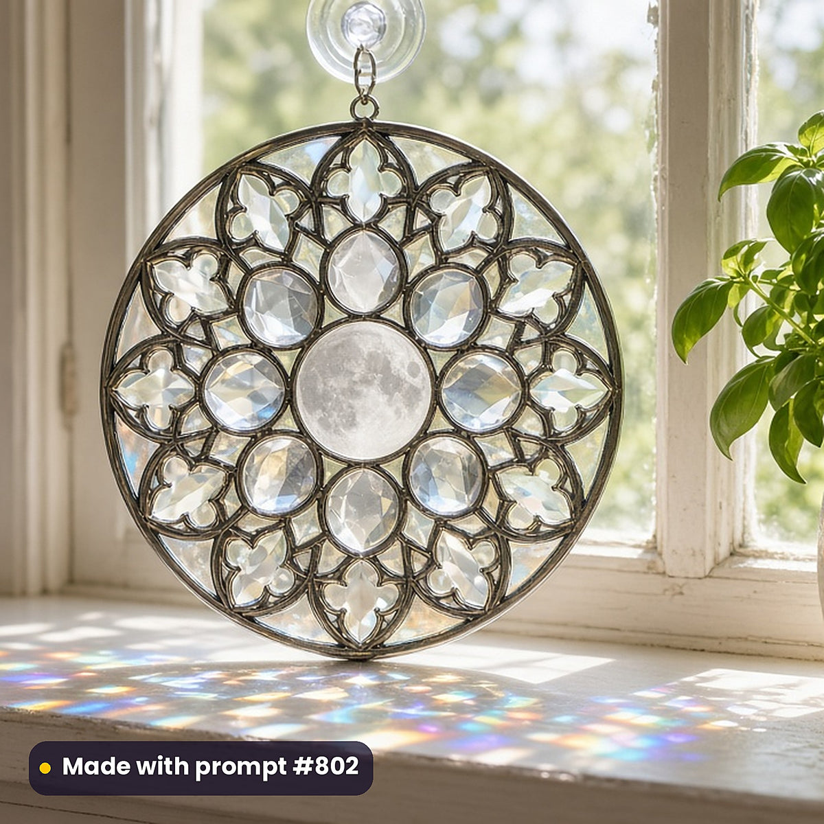 Gothic Cathedral Stained Glass Style Library: UV-printed acrylic suncatcher in a window mockup, made with prompt #802