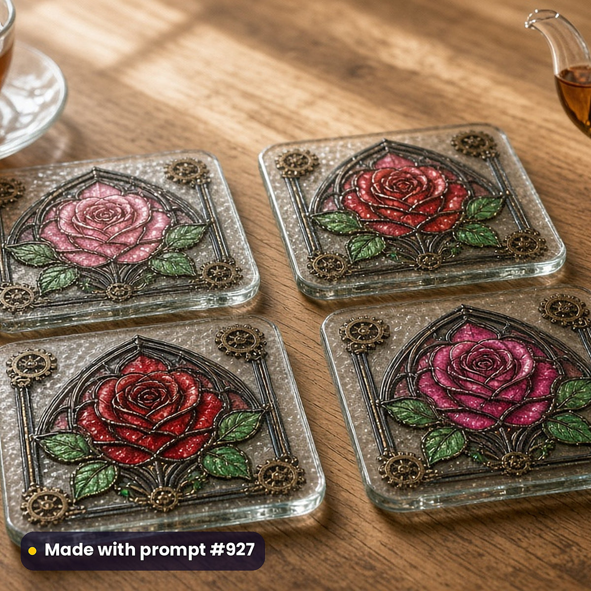 Gothic Cathedral Stained Glass Style Library: set of UV-printed glass coasters mockup, made with prompt #927