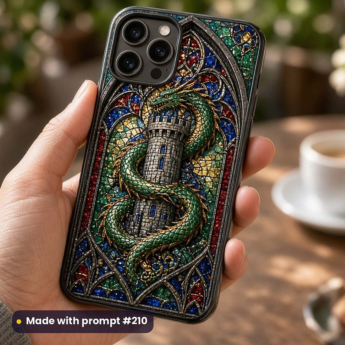 Gothic Cathedral Stained Glass Style Library: UV-printed phone case mockup, made with prompt #210