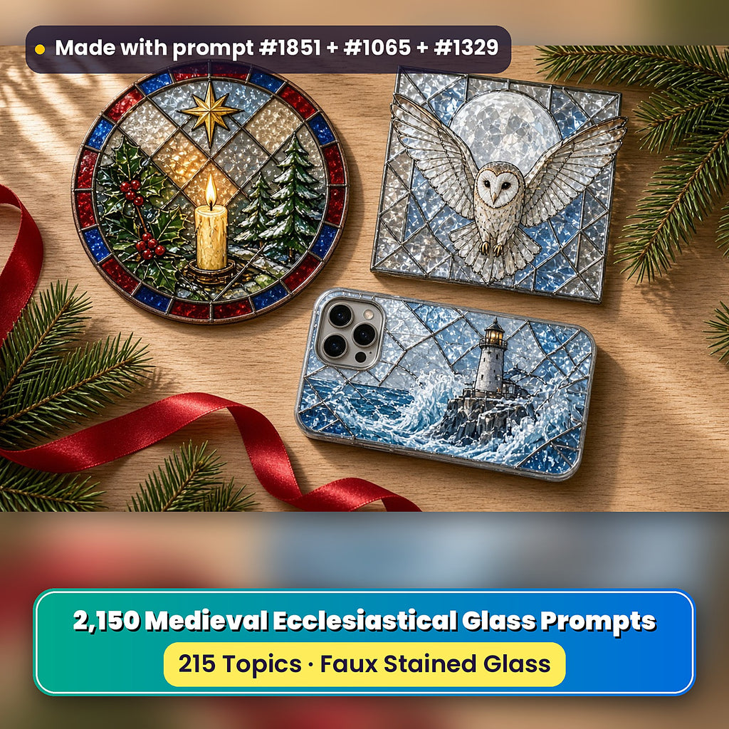 Medieval Ecclesiastical Glass Style Library: UV-printed suncatcher, coaster and phone case set mockup, made with prompt #1851 + #1065 + #1329