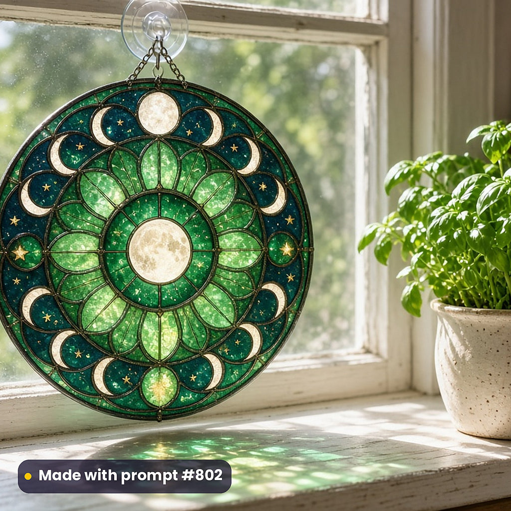 Medieval Ecclesiastical Glass Style Library: UV-printed acrylic suncatcher in a window mockup, made with prompt #802