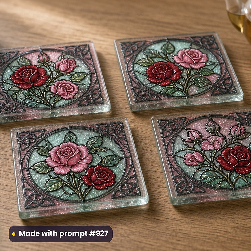 Medieval Ecclesiastical Glass Style Library: set of UV-printed glass coasters mockup, made with prompt #927
