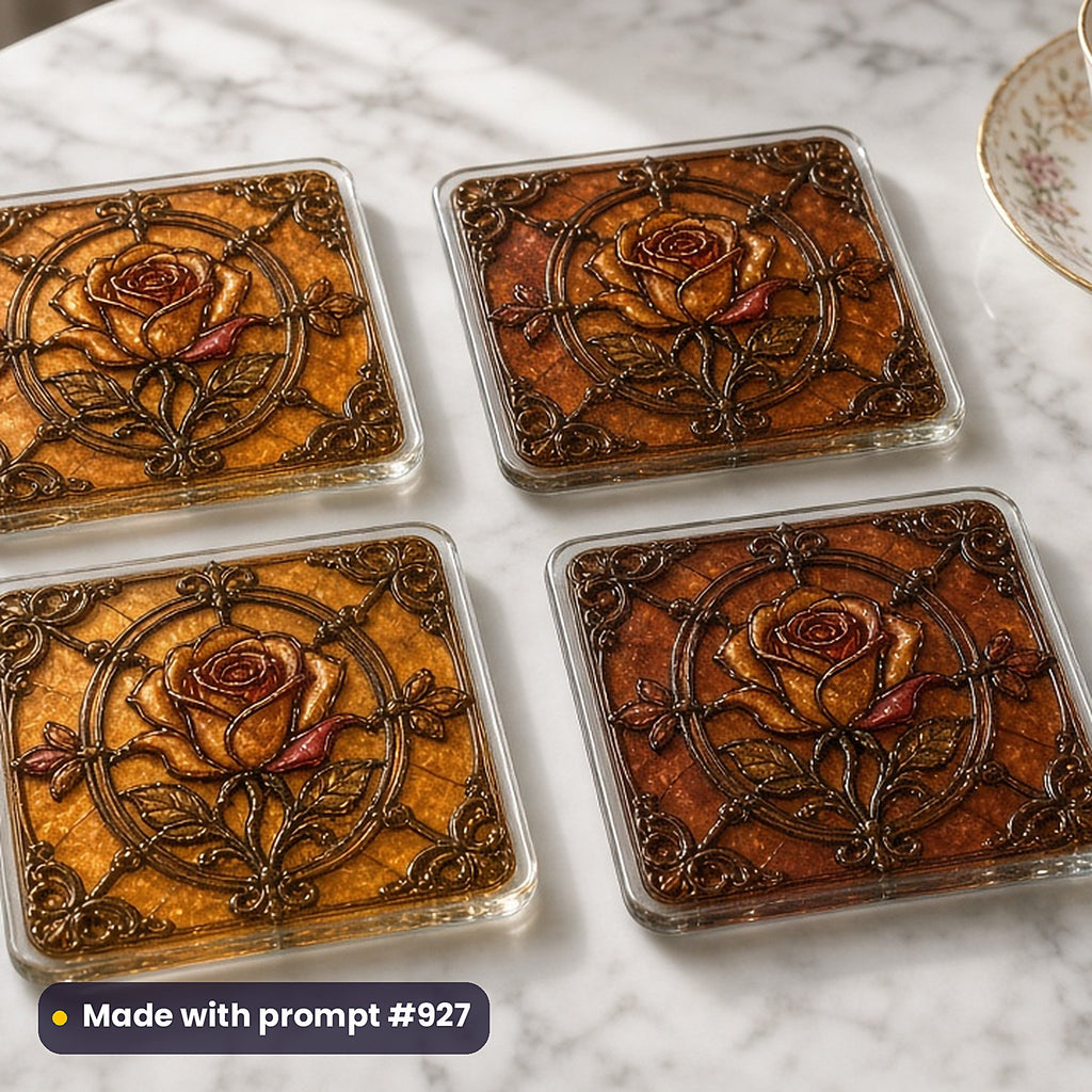 Victorian Decorative Glass Style Library: set of UV-printed glass coasters mockup, made with prompt #927