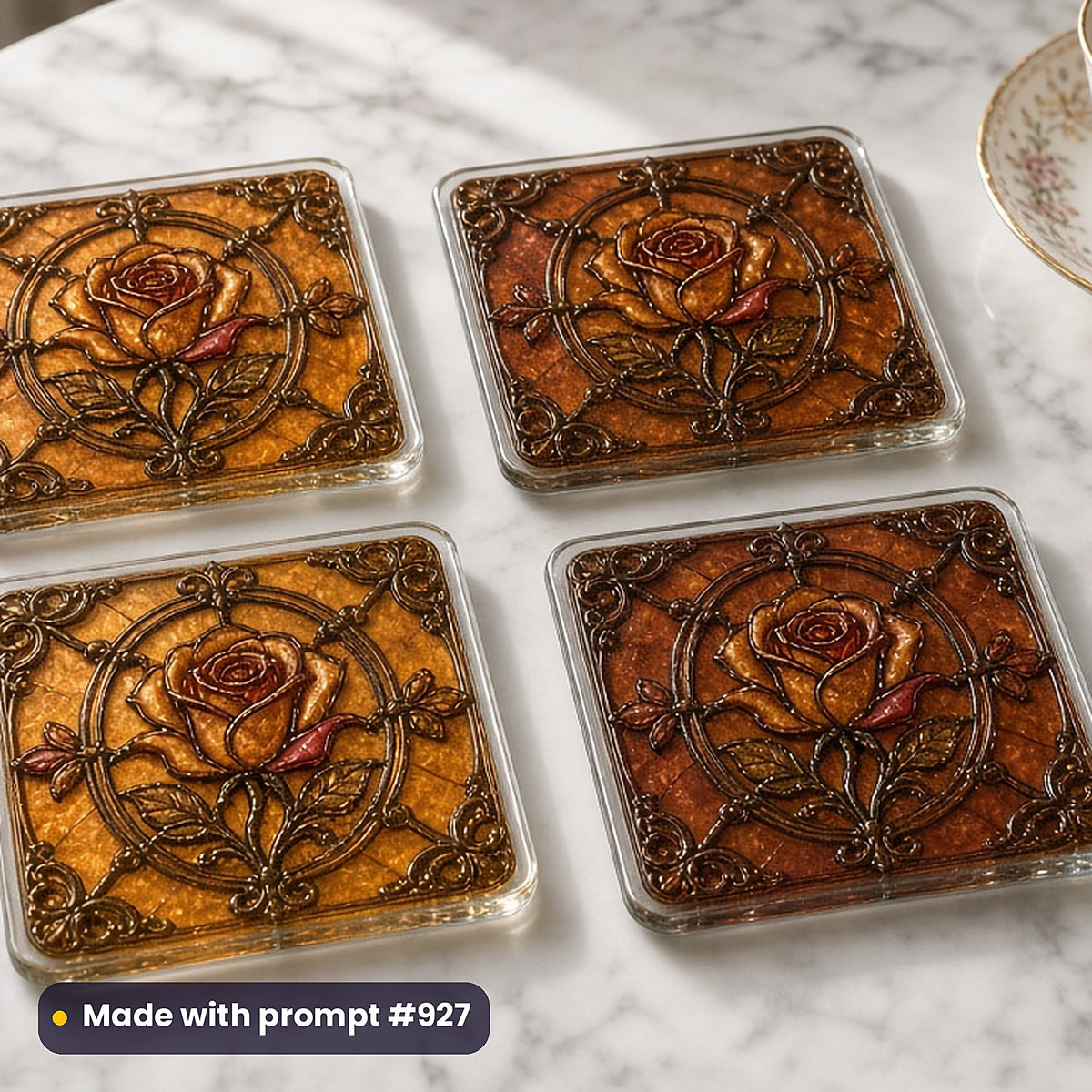 Victorian Decorative Glass Style Library: set of UV-printed glass coasters mockup, made with prompt #927