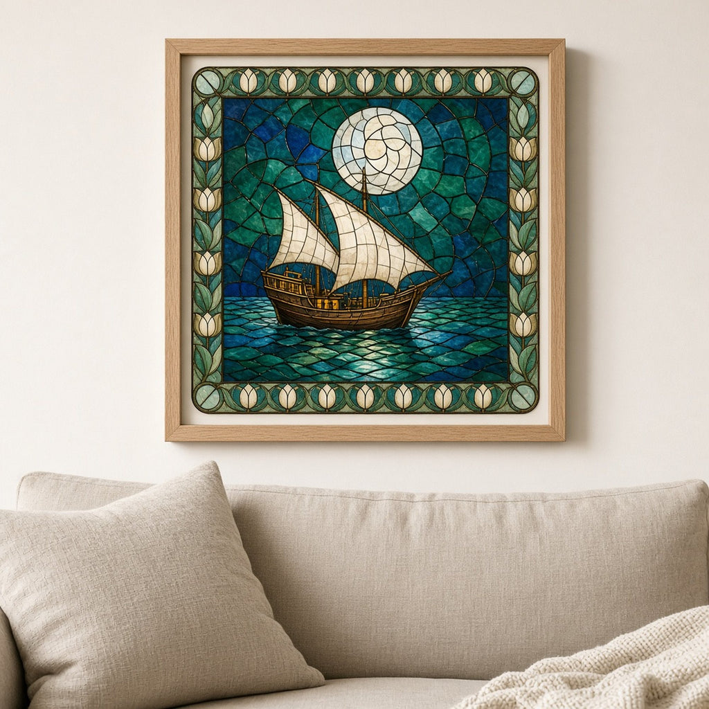 Medieval ships printed flat on a framed print, made with prompt #173: a cream-sailed ship on an emerald and cobalt glass sea under a round pieced-glass moon, in a border of cream tulips and leaves