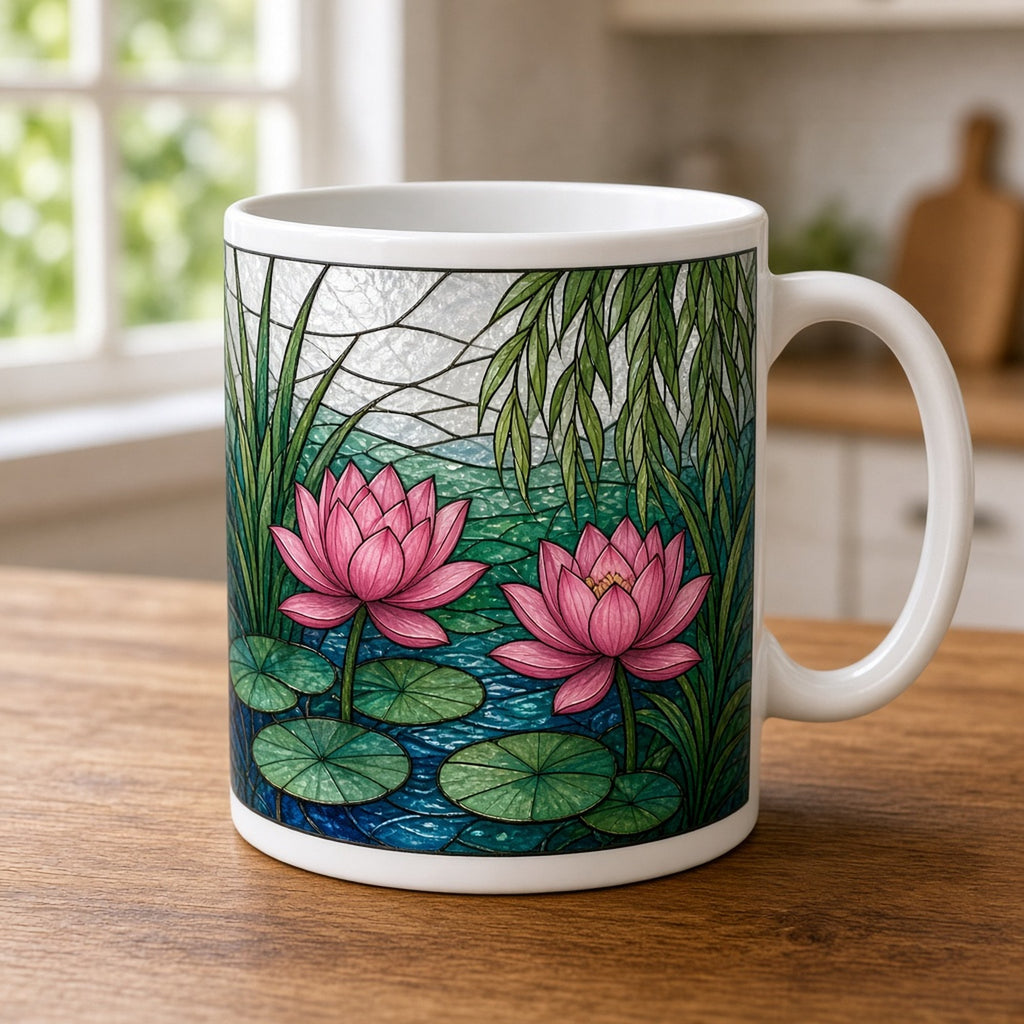 Lotus flowers botanical printed flat on a mug, made with prompt #968: two pink lotus flowers and lily pads on a teal and cobalt pond with tall reeds and willow leaves under a frosted glass sky